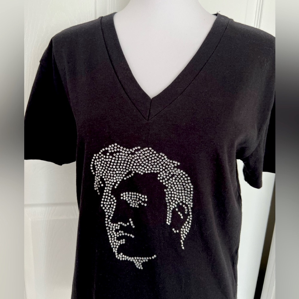 Elvis Presley Rhinestone Embellished V-Neck T-Shirt - Size Medium